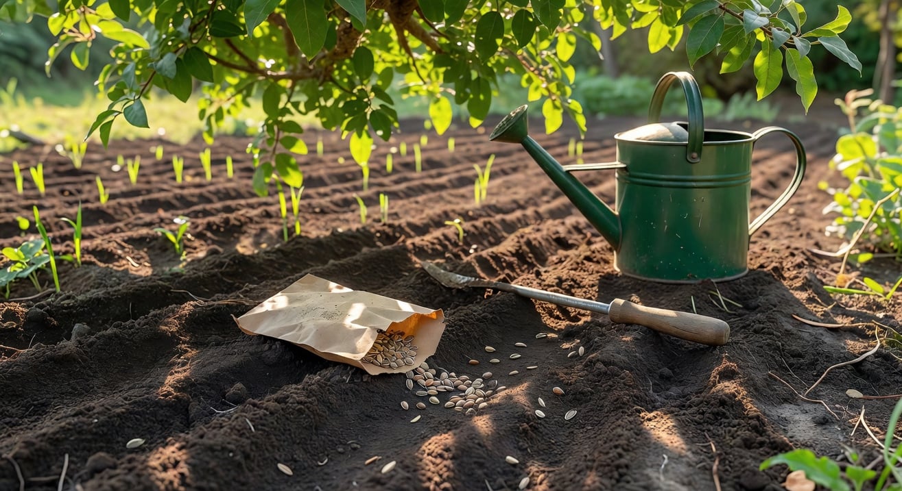 台灣家庭菜圃播種,手持種子包與工具,土壤新整,自然光照生機溫暖