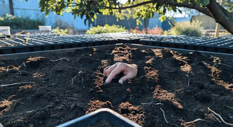 手指插入黑色土壤測試溫度，背景陽光充足的待播種苗盤