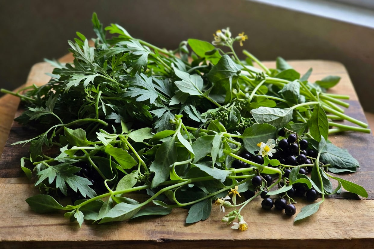 木砧板上攤開台灣春季野菜如艾草嫩葉、龍葵和野花,自然光照。