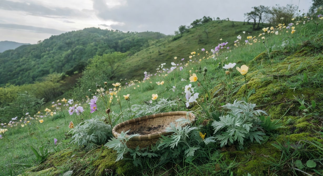 台灣山野一人持竹籃採摘艾草和野花,翠綠山坡晨光柔和。