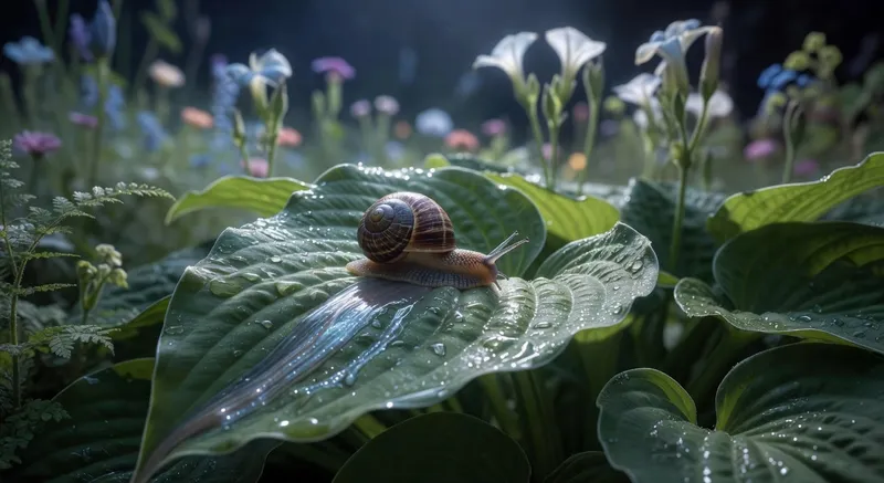夜晚蝸牛爬過濕潤植物葉片，留下銀色黏液軌跡，月光下花園