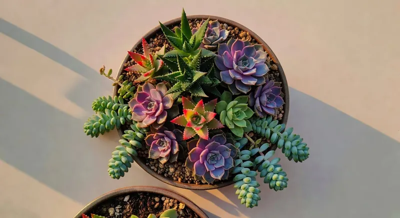 多肉組合盆景的俯視圖，展示顏色和形態的搭配