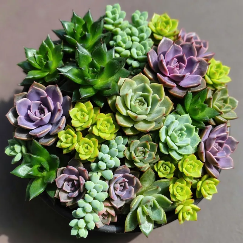 多肉組合盆景的俯視圖，展示顏色和形態的搭配