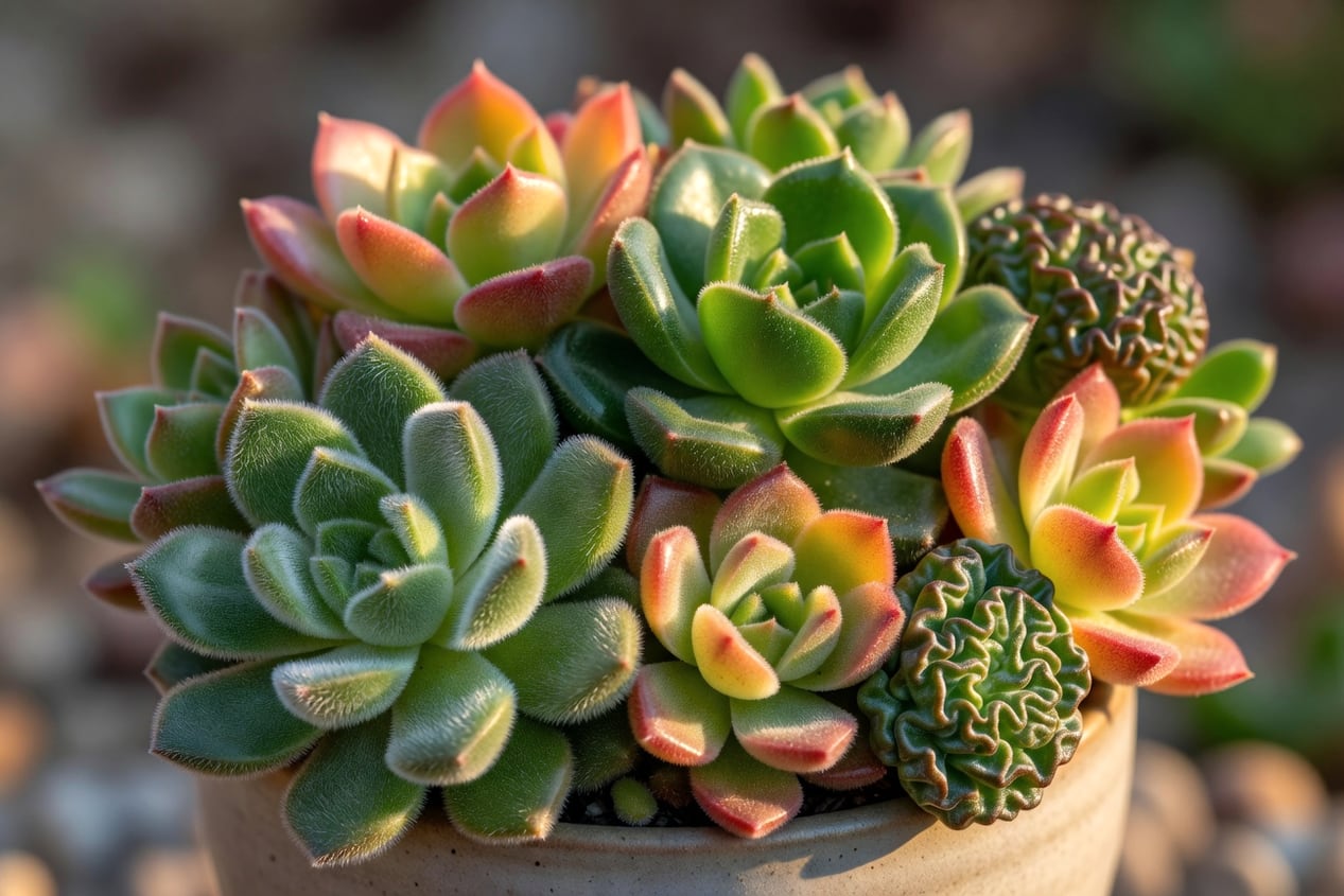 近特寫多肉葉片細節:展示毛茸、光滑、皺褶質感和色彩漸變