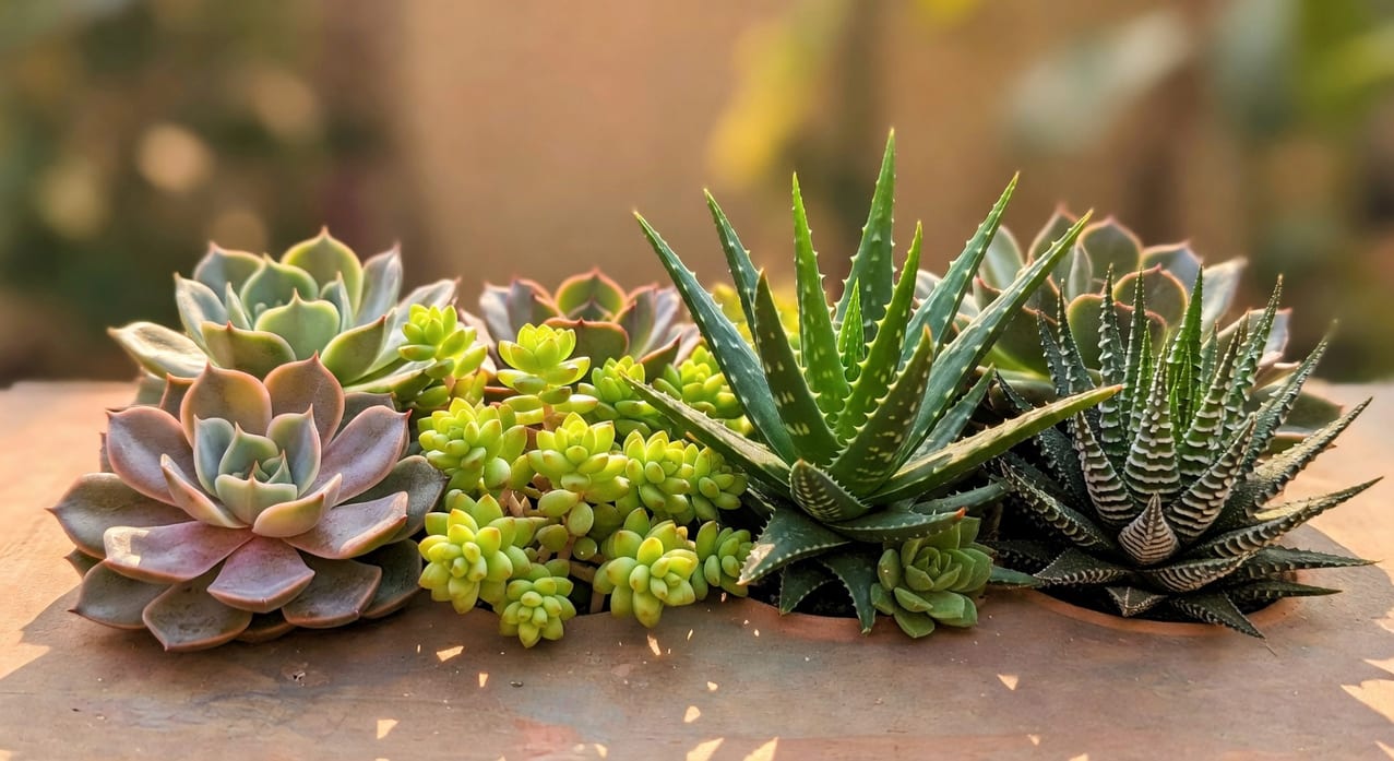 多肉植物拼圖:特寫景天、石蓮花、蘆薈、靜夜等5-6種常見品種