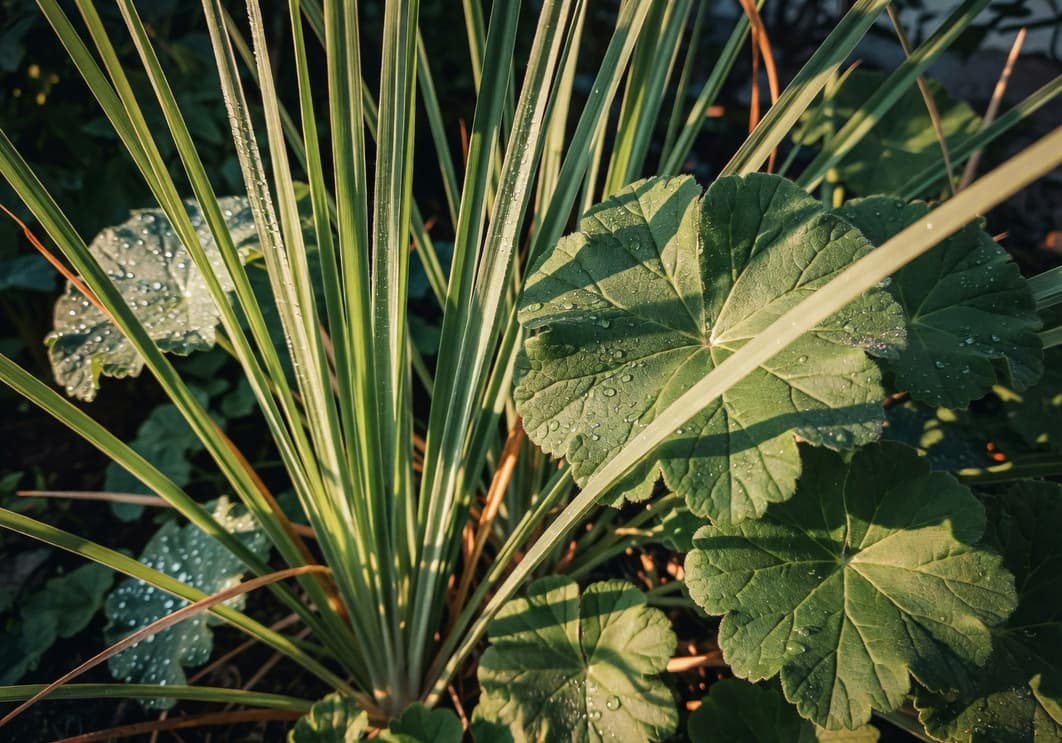 特寫香茅草與防蚊天竺葵葉片帶露水，葉脈清晰，夏日戶外自然光。
