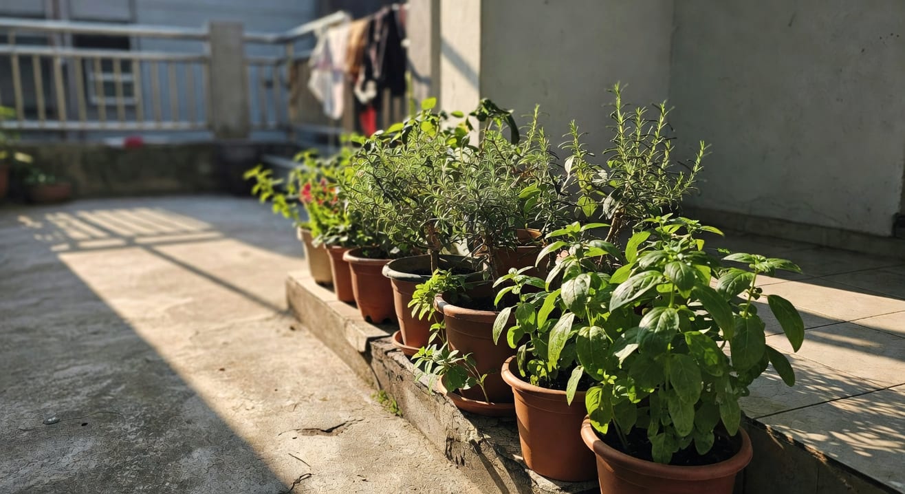 台灣庭院擺放迷迭香和九層塔盆栽，清晨陽光斜照，背景模糊。