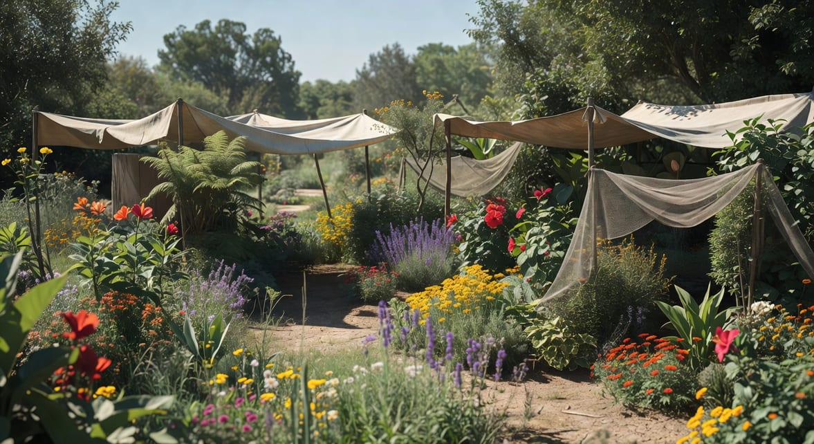 盛夏花園中色彩繽紛的植物，遮陽網和降溫措施保護生長
