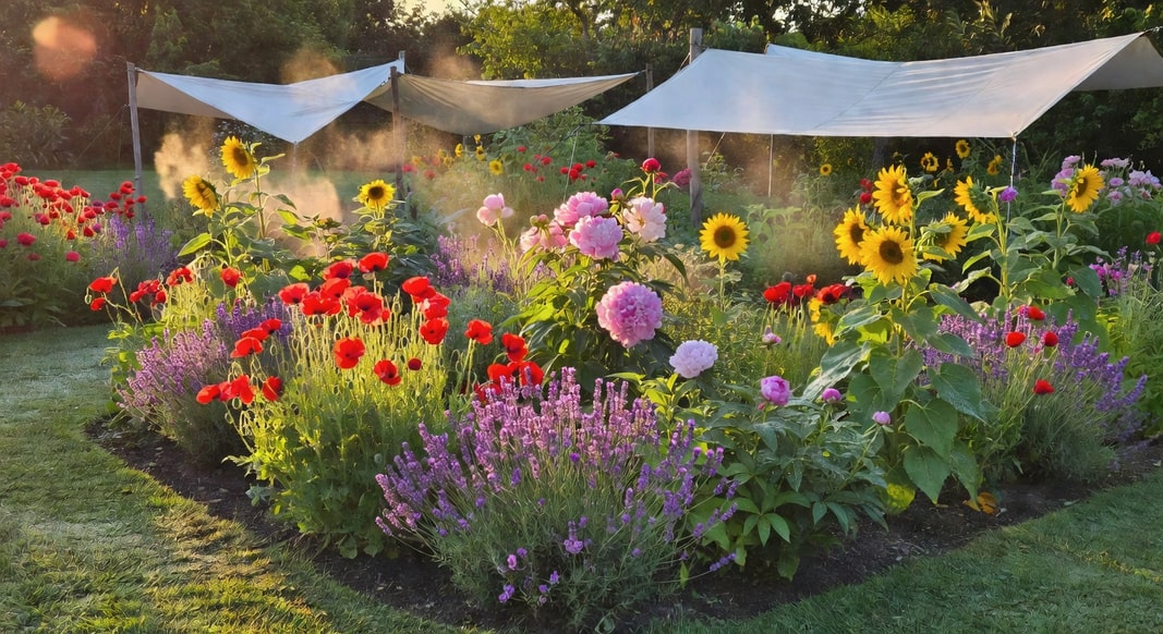 盛夏花園中色彩繽紛的植物，遮陽網和降溫措施保護生長