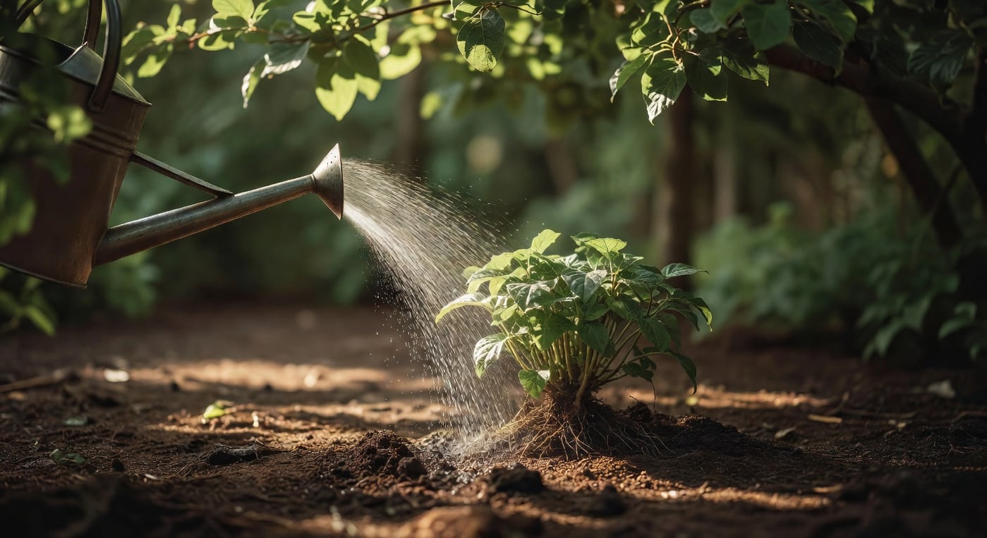 噴壺水霧均勻灑在植物根部土壤，避免直接噴灑葉片