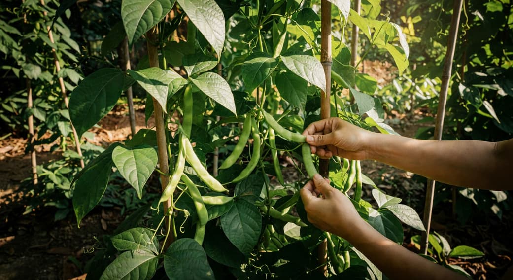 台灣菜園特寫：手部摘取豆角，背景竹竿上攀爬豆莢，夏日強光，葉片深綠。