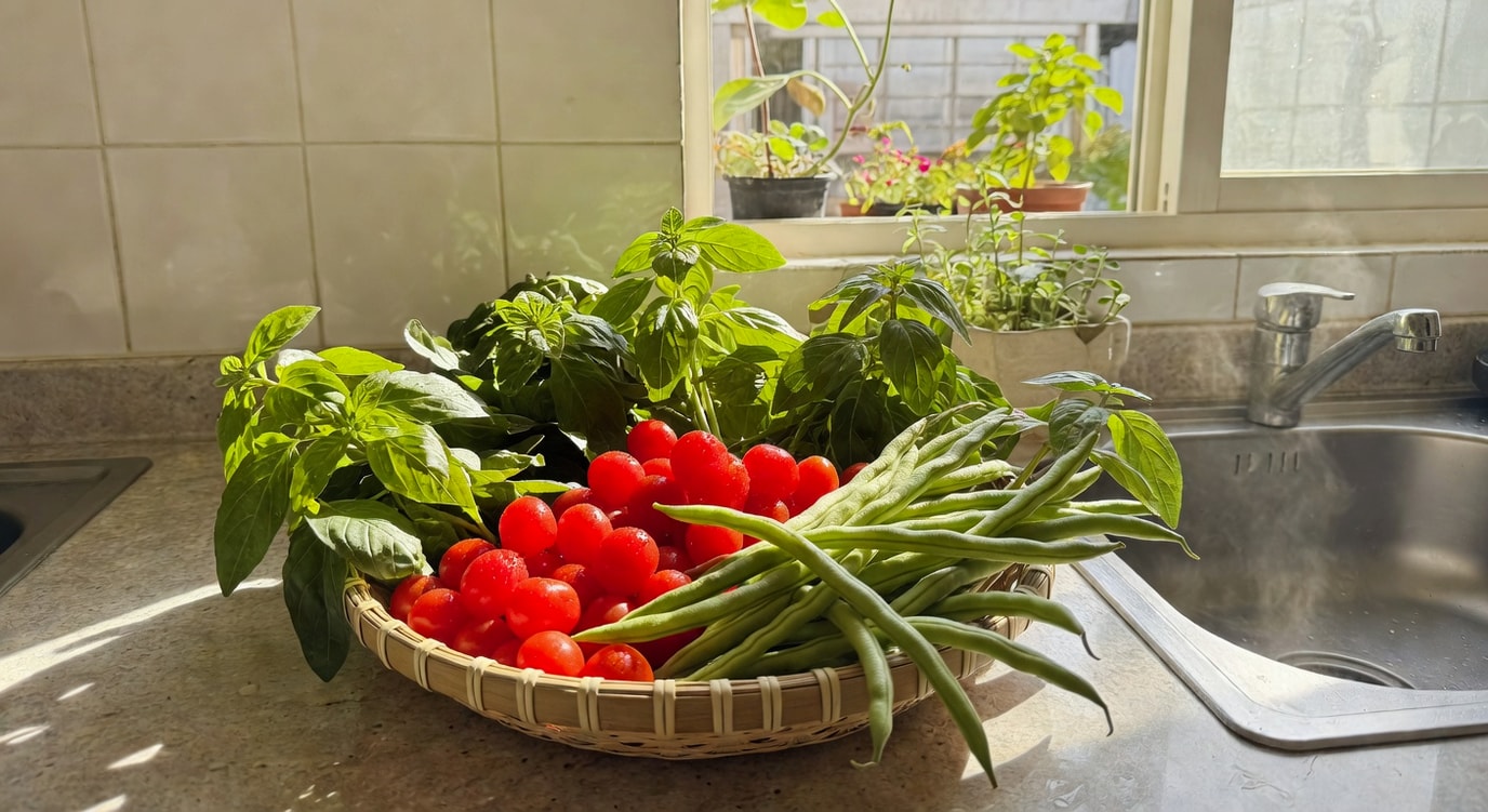 廚房流理台上新鮮夏季蔬菜籃：小番茄、豆角和九層塔鮮豔，窗外陽台菜園，溫暖光線。