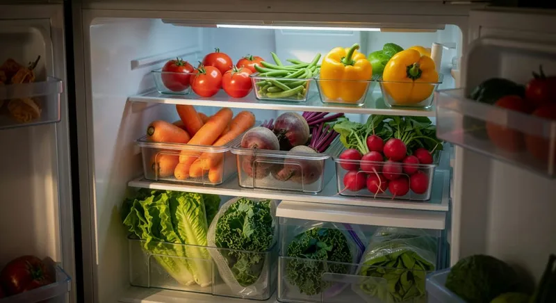 各種夏季蔬菜的正確冷藏擺放方式圖片，展示不同儲存容器和溫度區間