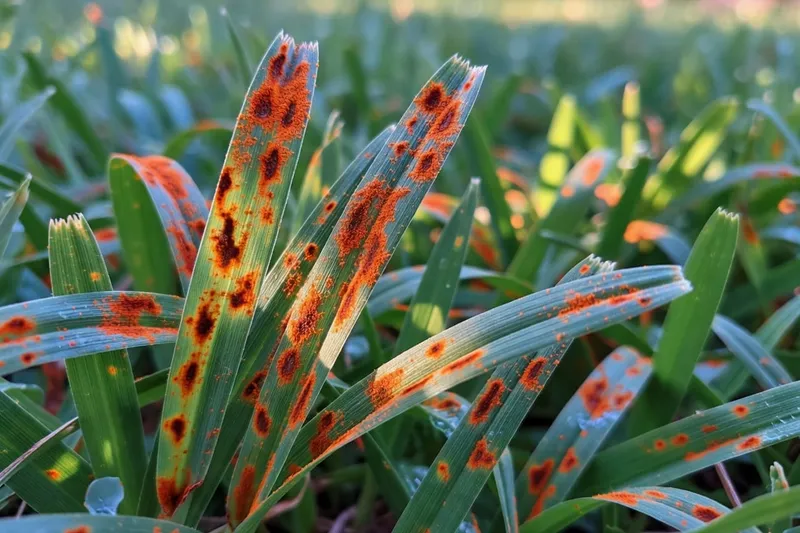 草坪銹病橙色粉末症狀特寫,葉片微觀結構顯示