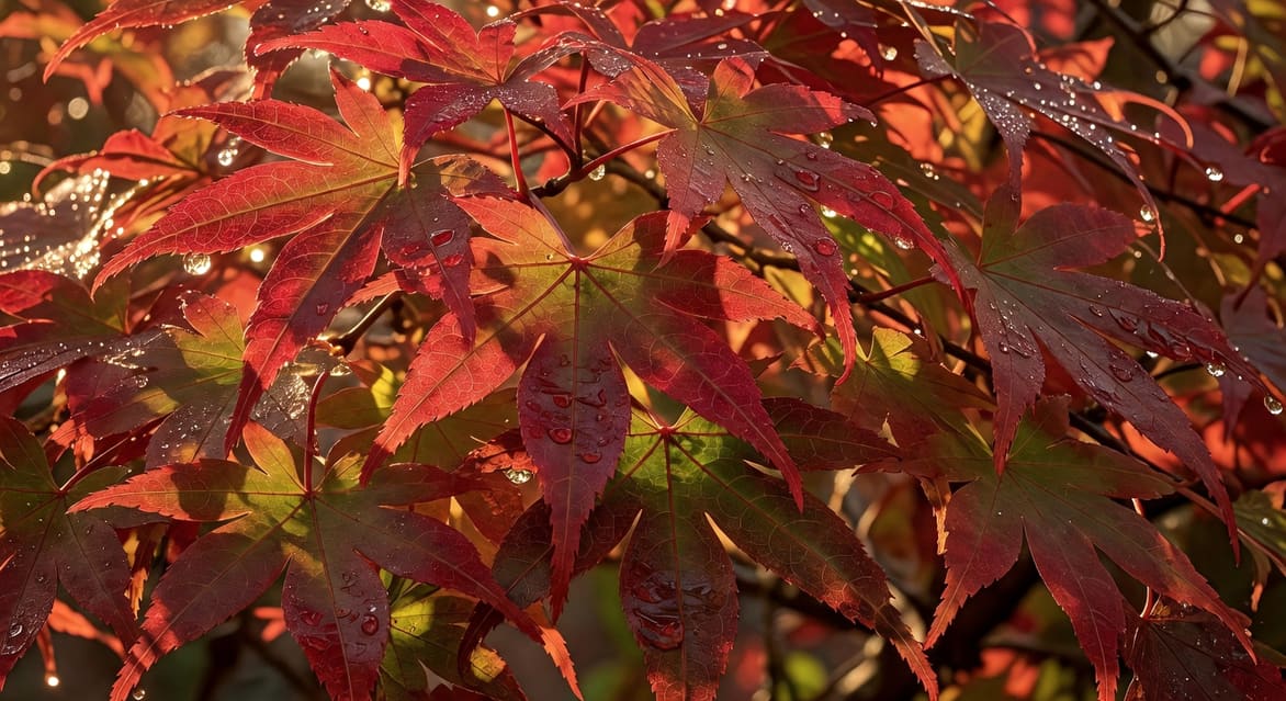 日本楓樹特寫，掌狀葉片深紅色葉脈，晨間露珠閃爍