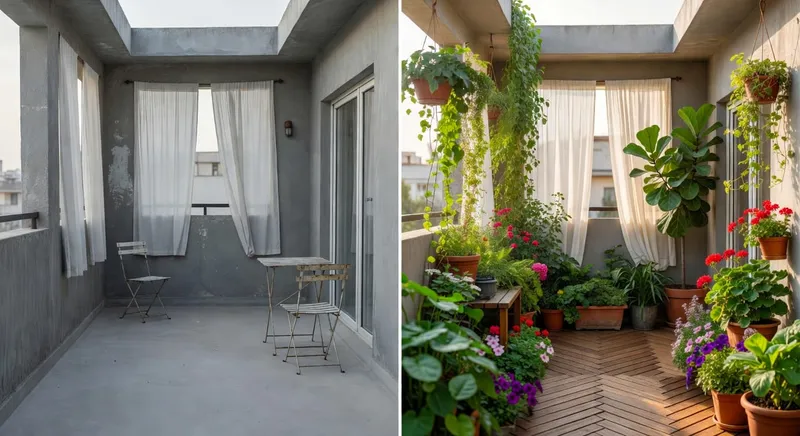 露台改造前後對比：從灰暗無生氣到綠意盎然的完整轉變