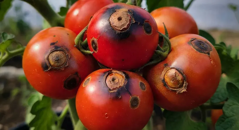 番茄果實不規則褐色凹陷病斑，中心硬化，周圍組織暗化