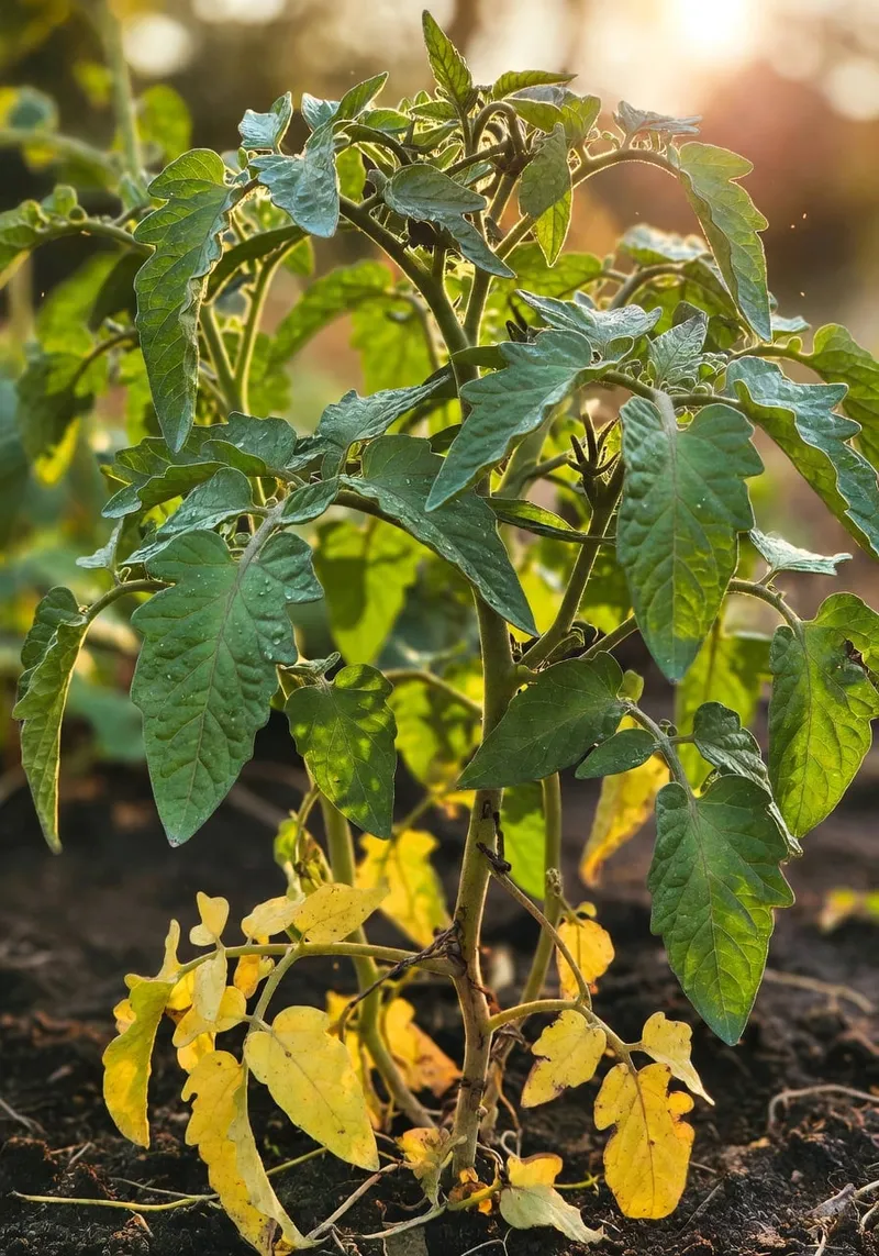 番茄植株下位葉黃化脫落，上位葉健康綠，病害從下往上進展
