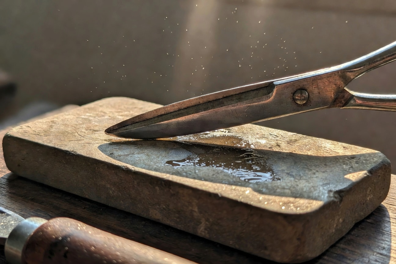 特寫磨石磨利剪刀過程,顯示刀片角度和磨石光澤反射