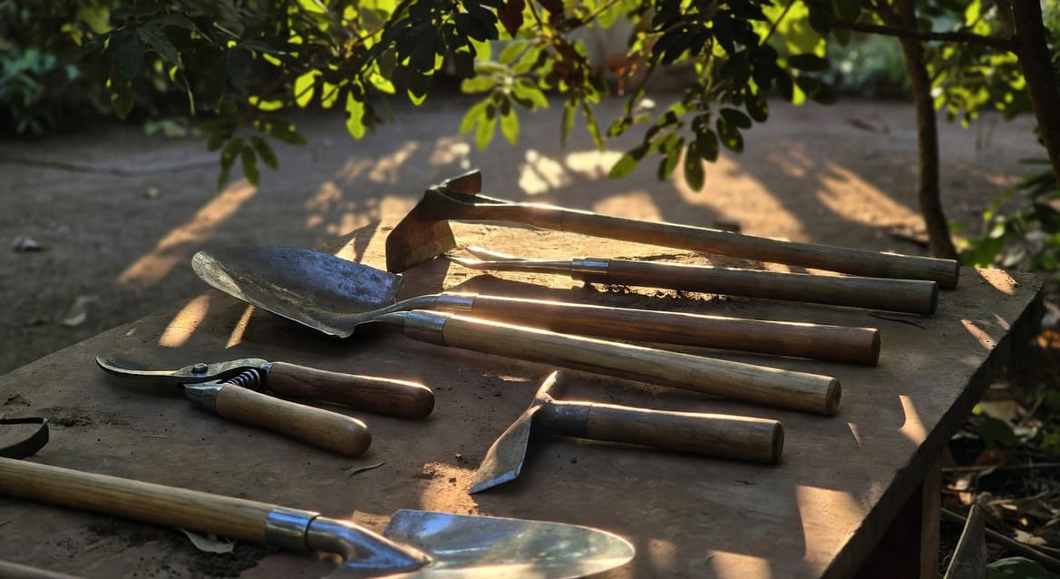 整齊排列的園藝工具在逆光下閃閃發光,包括剪刀、鏟子、鋤頭各具質感