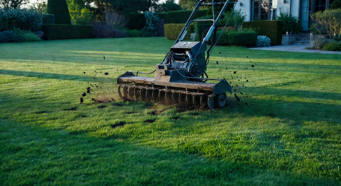 專業工人推動氣動打孔機在大片翠綠草坪作業,住宅花園背景,清晨光線動態
