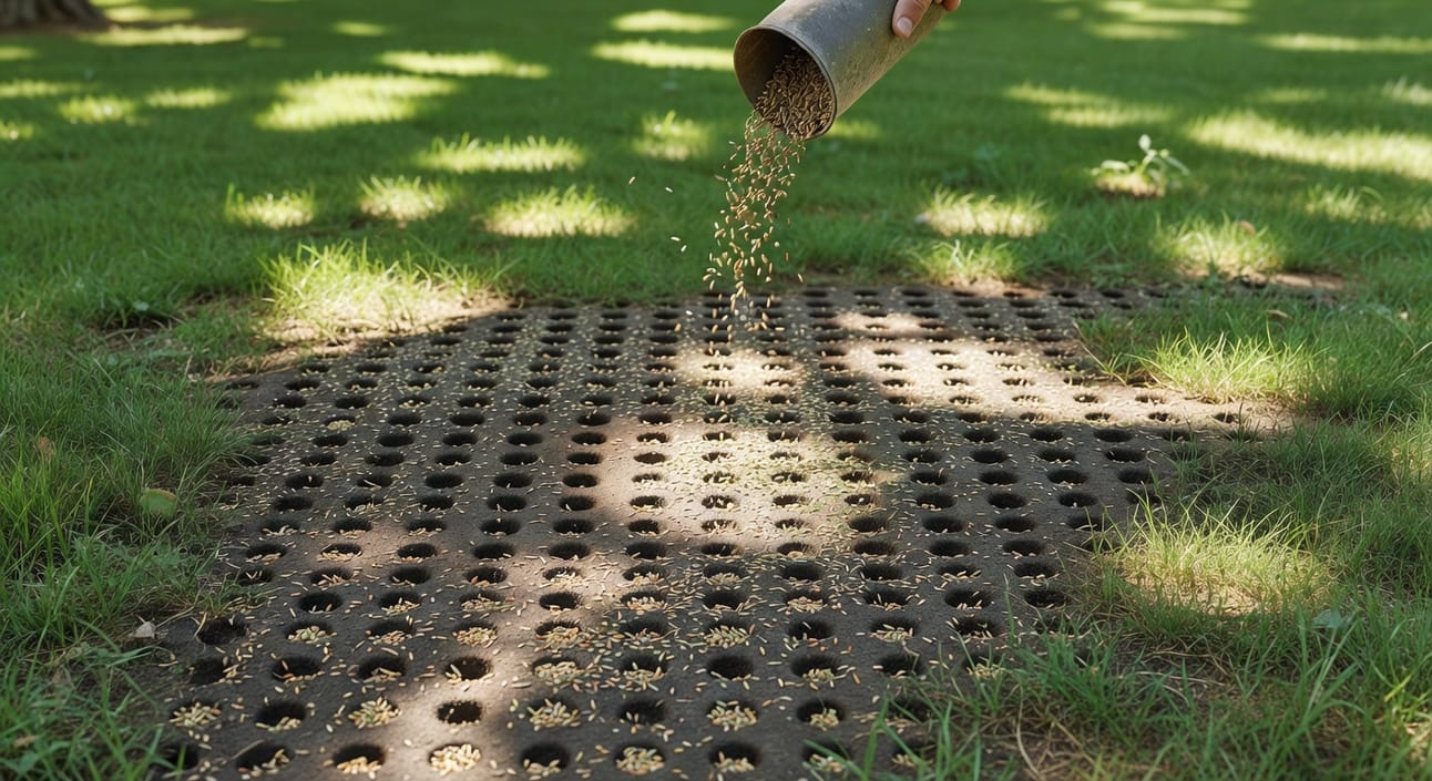 打孔草坪上均勻撒布草種,手持容器播撒,地面特寫清晰孔洞細節自然光