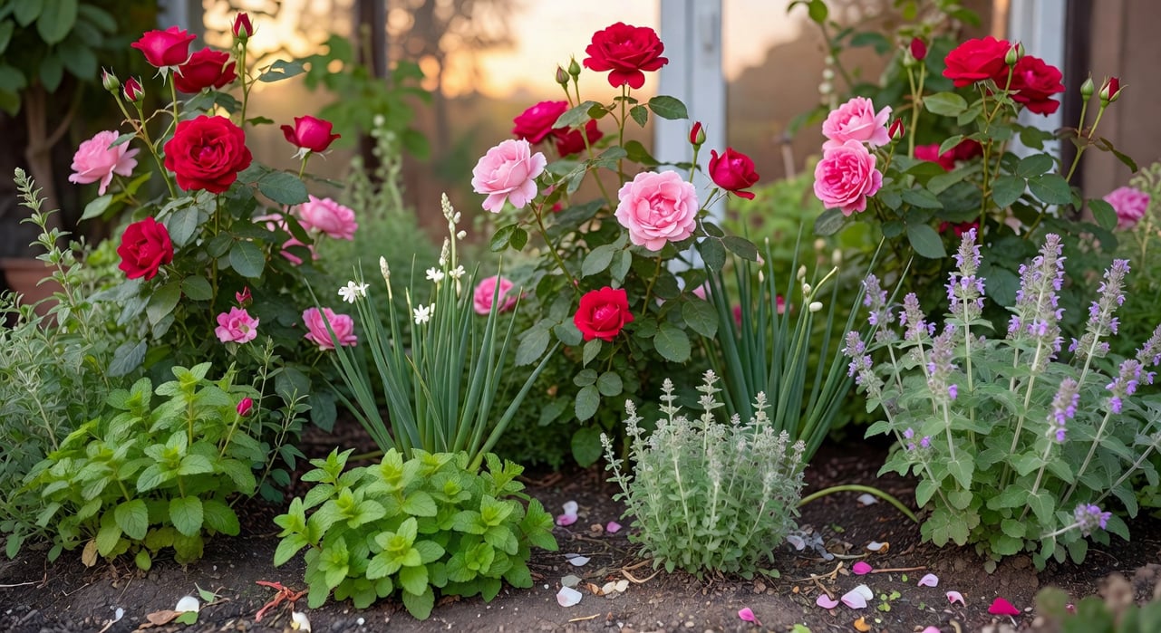 玫瑰葉片特寫：深黑圓斑邊緣鋸齒狀，周圍黃化，自然光下顯示病害細節