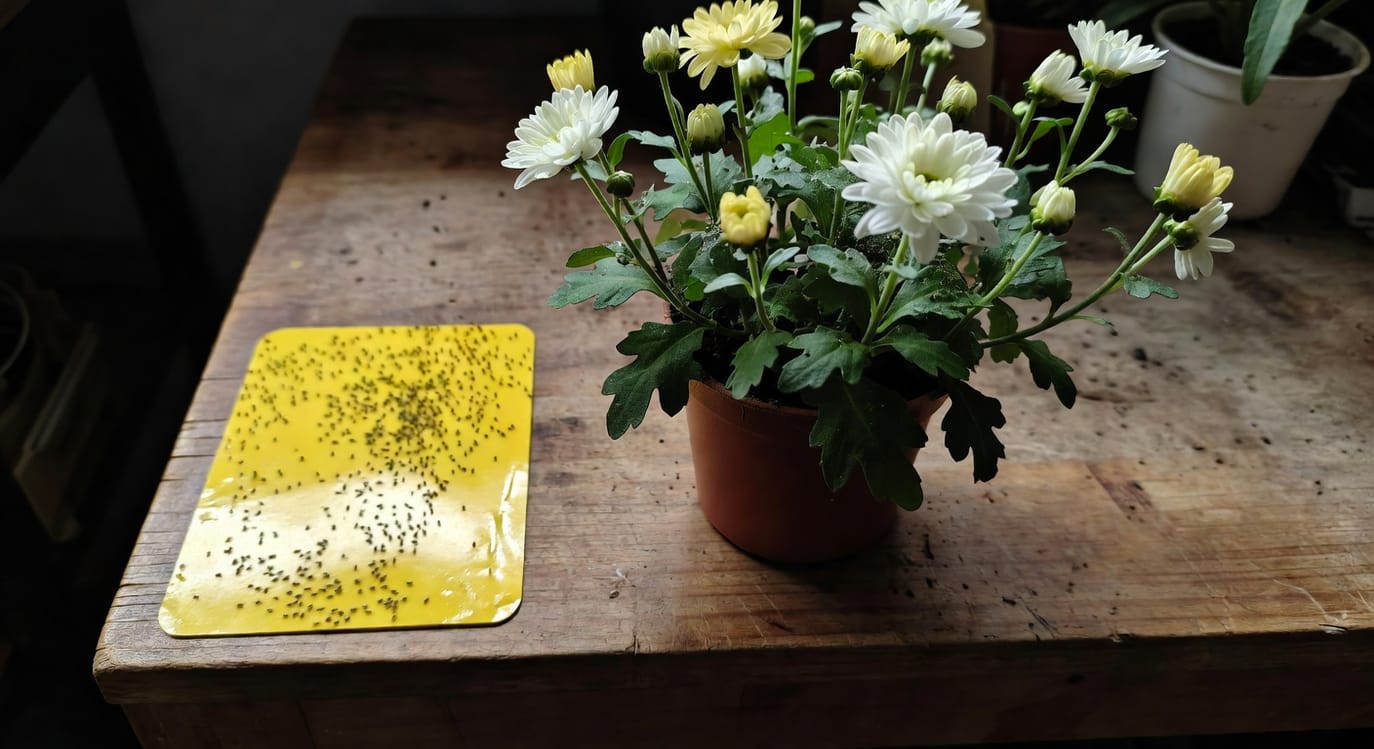 園藝工作者手持黏板記錄薊馬數量，旁邊是釋放捕食蟎的開花植株。