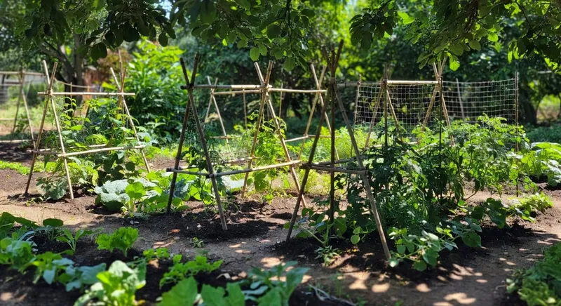 家庭菜園中使用多種支撐結構防颱示意圖