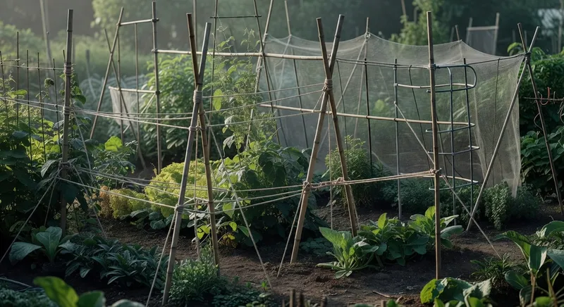 家庭菜園中使用多種支撐結構防颱示意圖