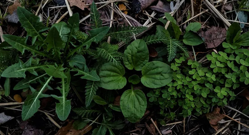 標註常見可食用野草和護根野草名稱及用途的實拍圖