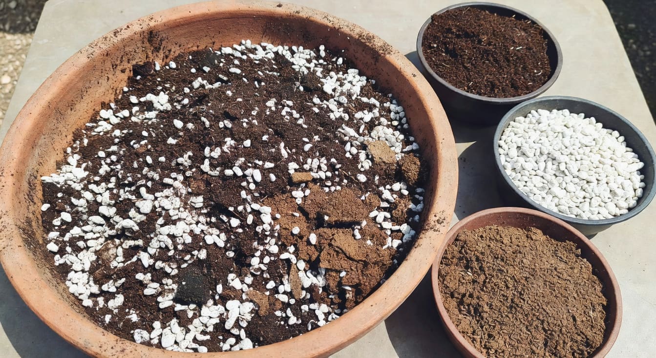盆栽蔬菜介質混合培養土、珍珠石和有機肥,清晰工具照