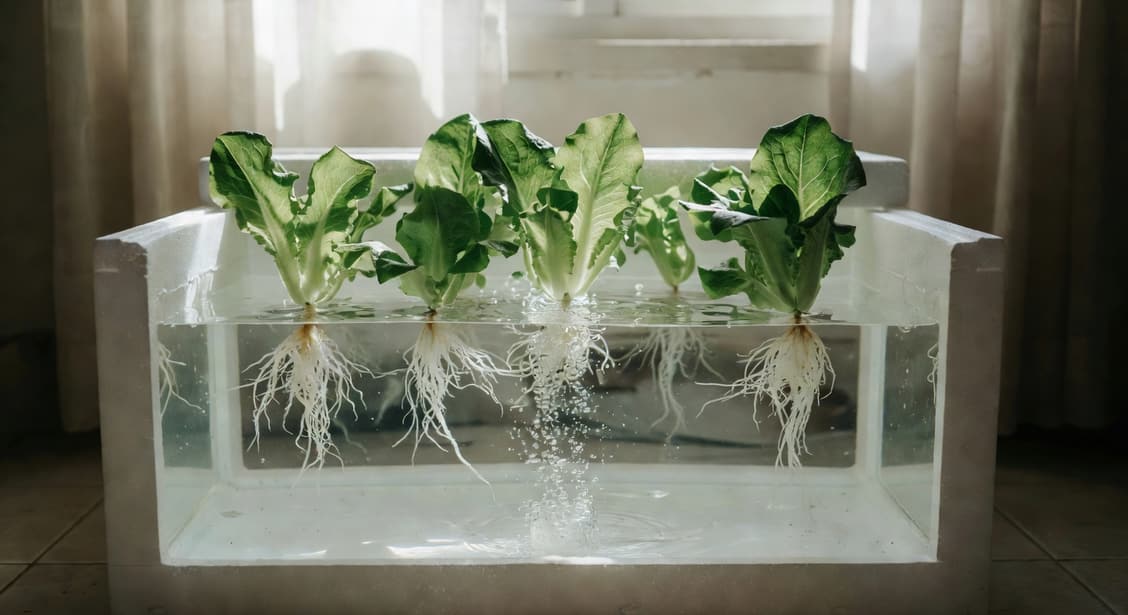 台灣居家保麗龍箱深水培植萵苣，根系浸水氣泡石運作，知識型場景。