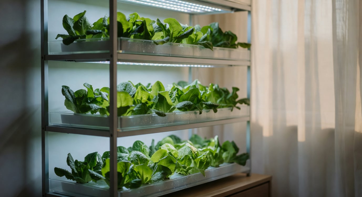 台灣室內多層水耕架LED燈照射萵苣，綠葉生機勃勃，現代垂直農場微型版。
