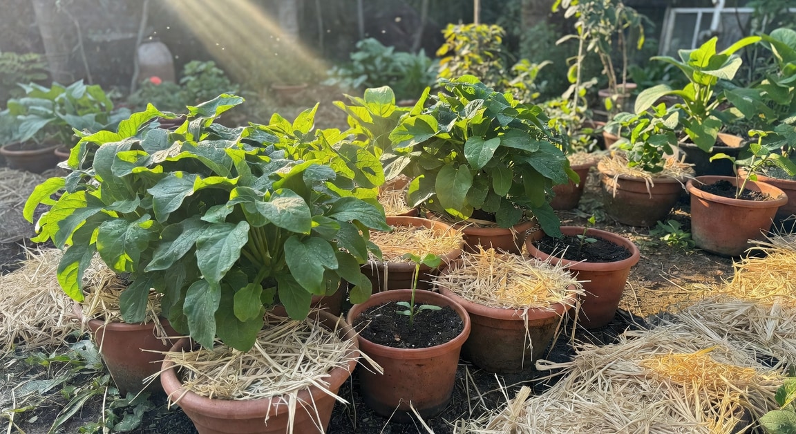 台灣夏日盆栽菜園,空心菜地瓜葉茂盛,早晨陽光斜射,土壤表面鋪稻稈覆蓋物。