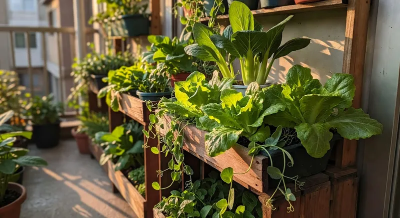 利用陽台垂直架子種植多層蔬菜，適合都市公寓生活。