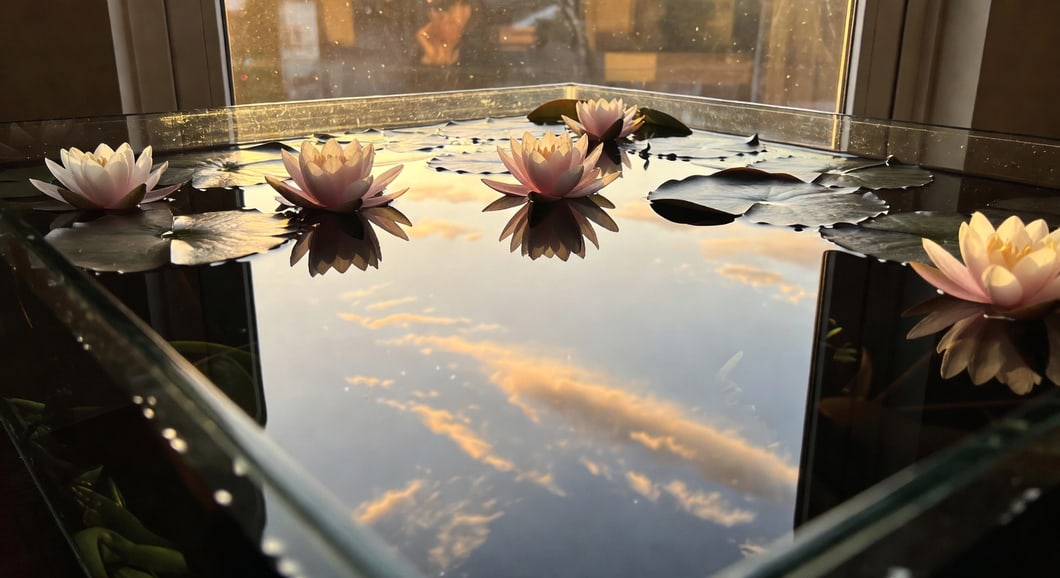 黃金時刻水缸倒影，睡蓮天空映清澈水面，光影溫暖交織。