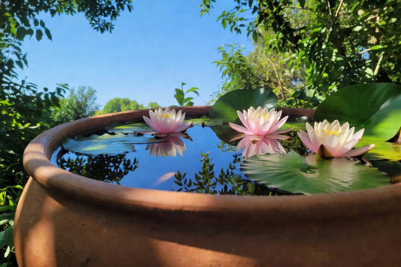 陶製水缸映晴空，睡蓮盛開，水面倒影清晰呈現。