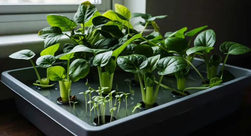 水耕盤中空心菜與地瓜葉生長，呈現不同生長階段植株