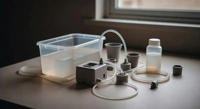 DIY水耕系統組裝過程，展示容器、氣泵和營養液等組件配置
