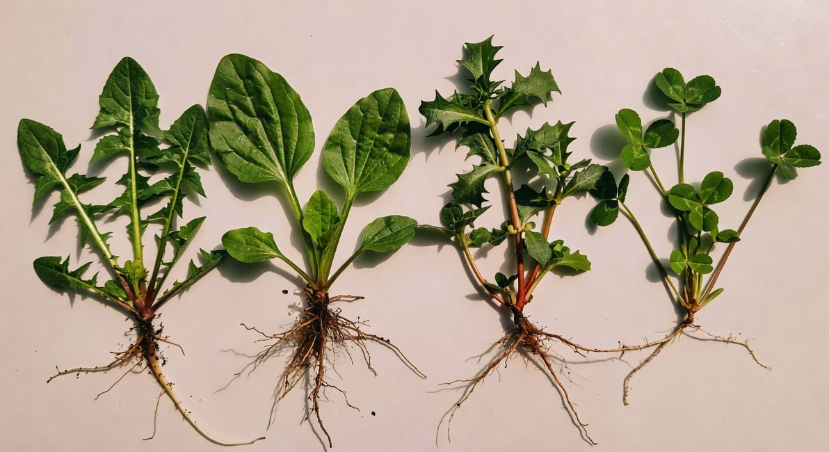 並列展示四種常見雜草葉片、根系特徵,並標示中英文名稱。