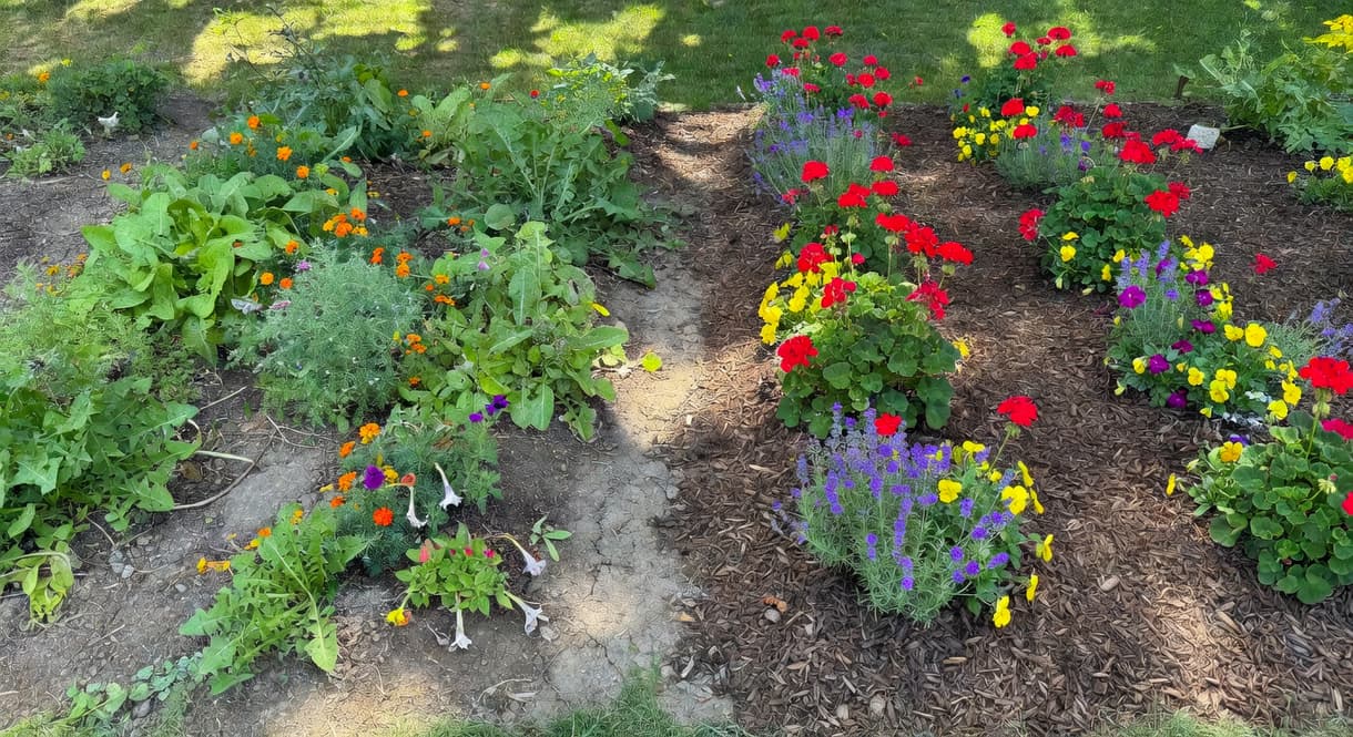 左側雜草叢生花圃對比右側覆蓋物和密植花卉的整潔花圃景觀。