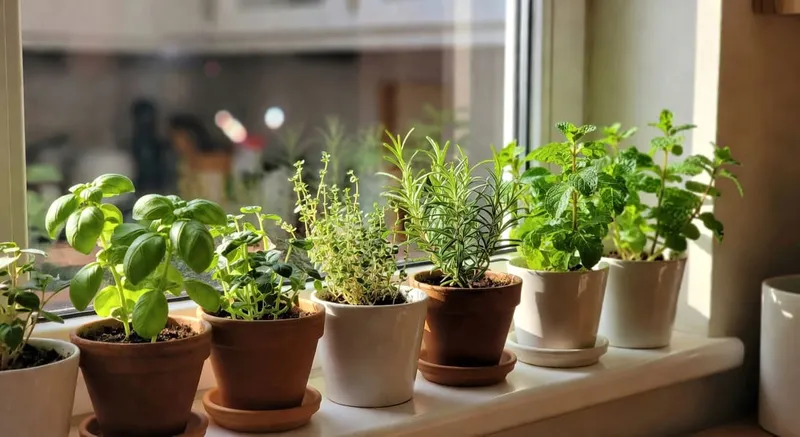廚房窗台排列多盆香草植物，陽光灑落綠意盎然