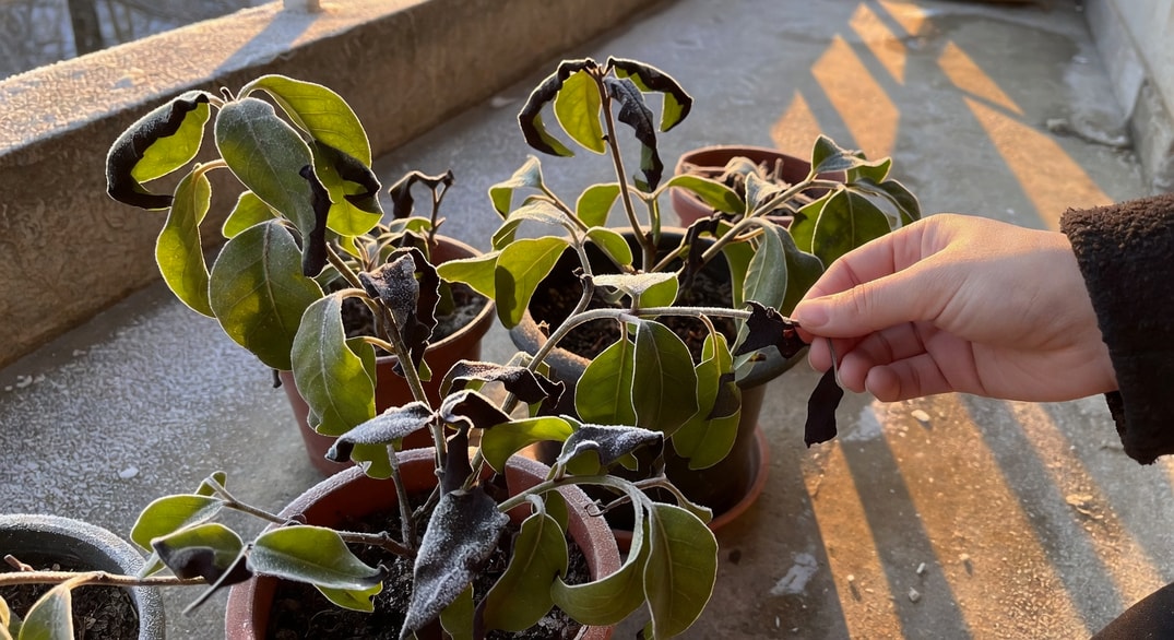 寒流後陽台植物葉片邊緣黑化受凍，有人手輕輕拔除損壞葉片，冬日早晨光線。