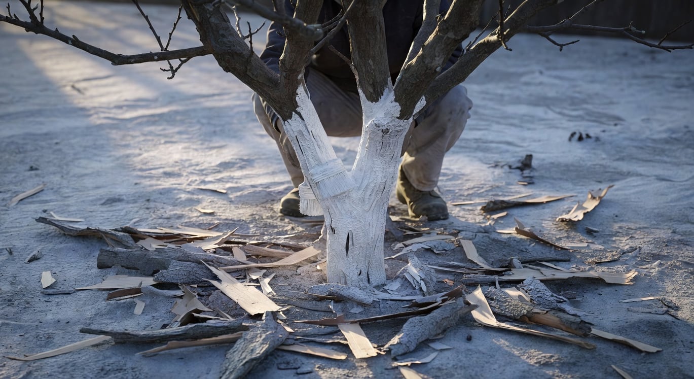園丁蹲地刷塗樹幹白石灰漿，地面散落老樹皮，冬日清晨光線照亮