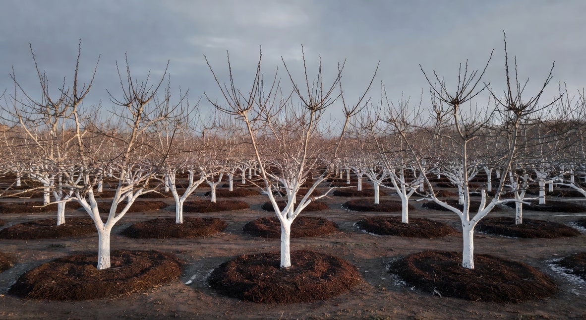 俯視整理果園，果樹下半部純白，樹盤鋪堆肥，枝條整齊伸向灰藍天空