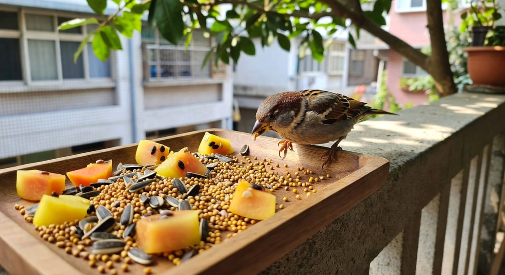 近拍木製淺盤上的小米、葵花籽和木瓜，一隻麻雀啄食，陽台欄杆背景。