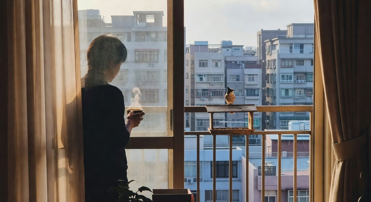 台灣公寓陽台早晨，一人手持咖啡杯望向有白頭翁的餵食台，室內暖光與室外冷色對比。