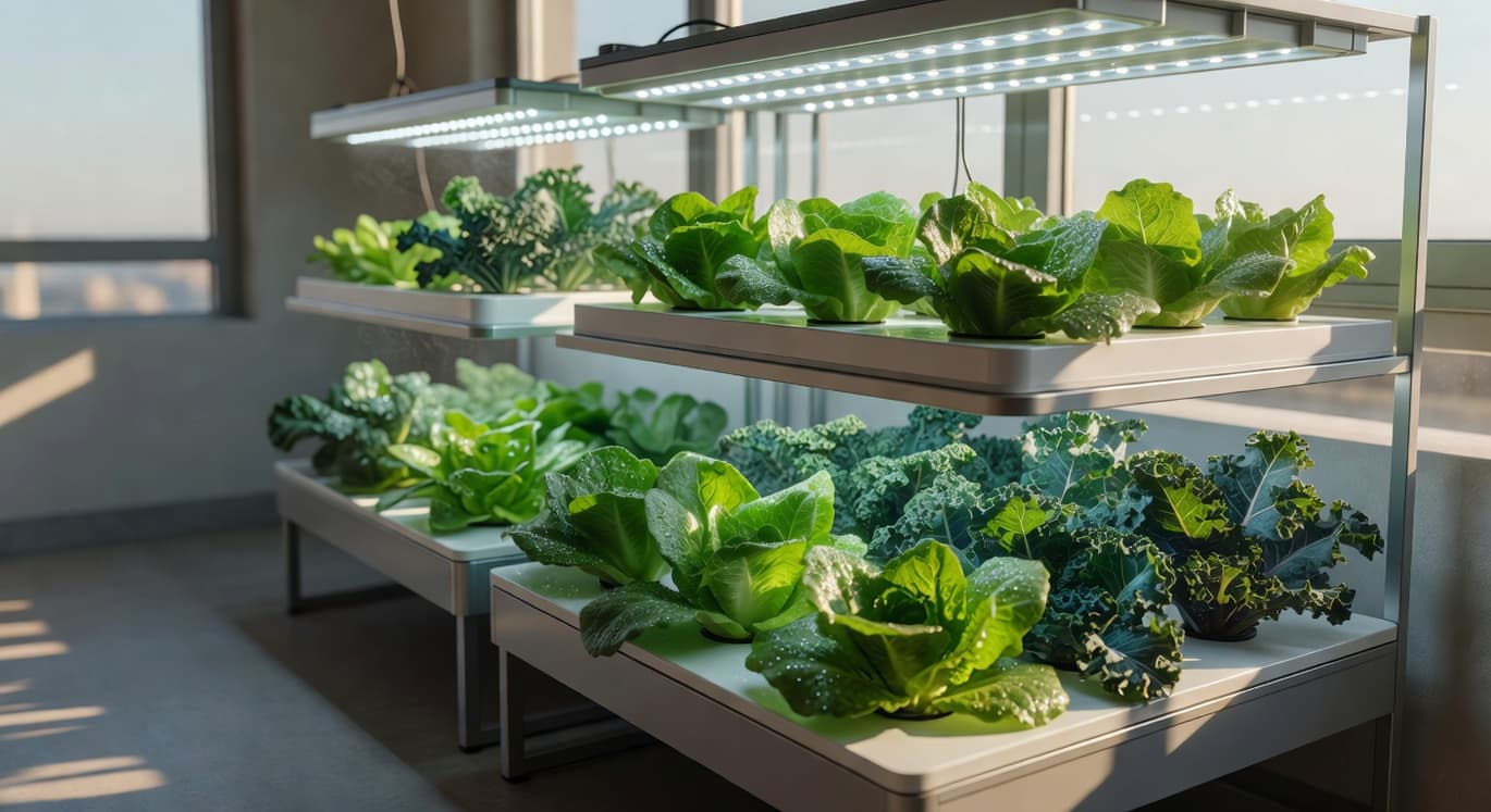 陽台水耕菜園系統，LED燈照亮新鮮生菜和羽衣甘藍葉片
