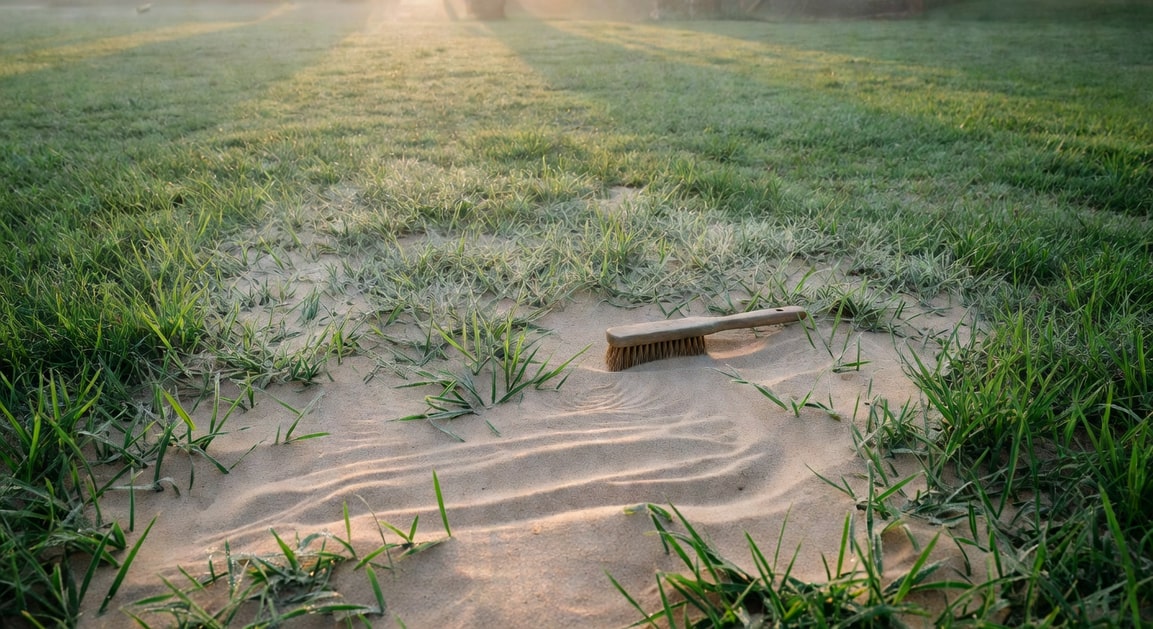 早晨柔和光下,台灣戶外草坪薄層細沙覆蓋,草葉清晰,刷子均勻分散沙子。